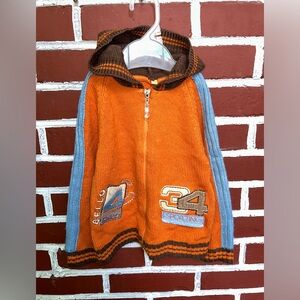 Orange, blue and brown knitted zippered cardigan with hoodie oversized
